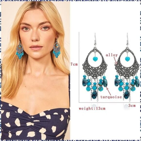 Bohemian Turquoise Necklace Earrings Bracelet Set-Western Jewelry set- - Picture 3 of 6